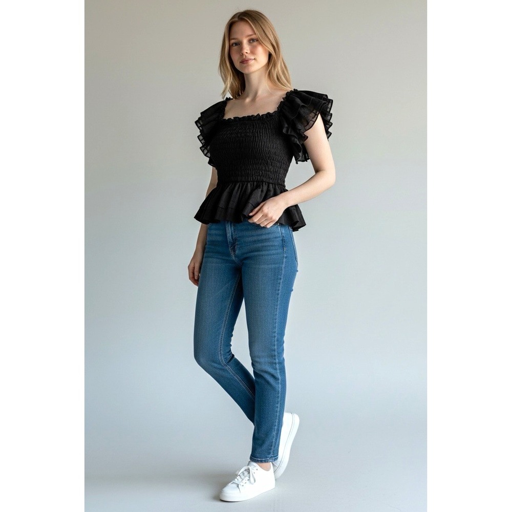 Banana Republic Petite M Black Square Neck Smocked Ruffle Flutter Blouse